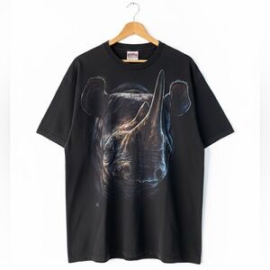 Vintage Hot Rock Rhino Graphic T-Shirt XL Black Faded Wildlife Nature Tee Y2K